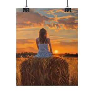 Farm Girl at Sunset on Haybale - Art Print