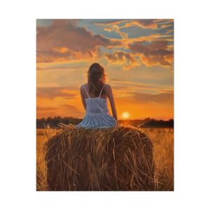 Sunset on the Farm: a girl on hay bale watching the sun set. Rolled Art Print