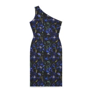 Elegant Dark Blue Iris Floral Print on a Slimming One-Shoulder Dress