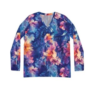 Blue Floral Women's Long Sleeve V-neck Shirt, Reminiscent of Hawaii with Elegant Style Watercolor Flowers Art You Can Wear